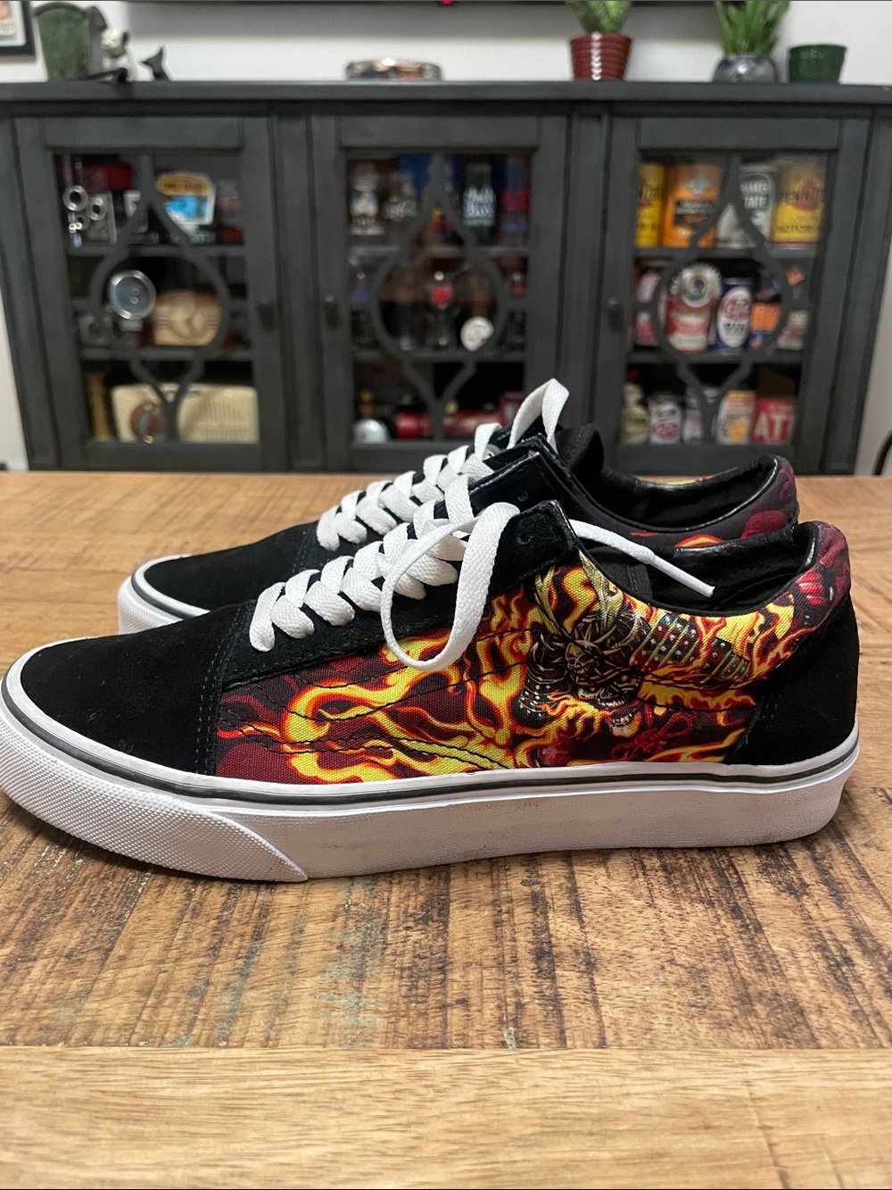 Vans Black Skate Sneakers with Red and Yellow Flame Graphic women’s 9, men’s 7.5